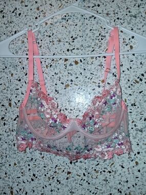 The Escante Collection Bralette Size Small Pink Embroidered Mesh With Wires